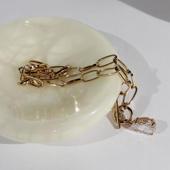 Gold Tone Paper Clip Link Necklace with a Clear Crystal Pendant - Picture 7 of 9